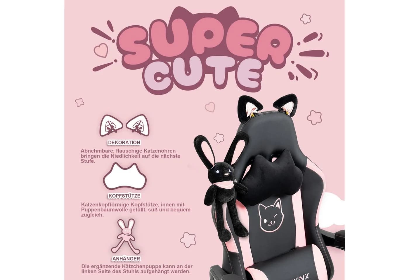 Dowinx Gaming-Stuhl Süße Katze Edition Rosa/Weiß Ergonomisch