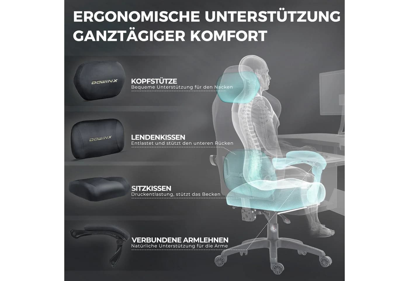 Dowinx Gaming-Stuhl Grau Mikrofaser-Velours Ergonomisch mit Massage
