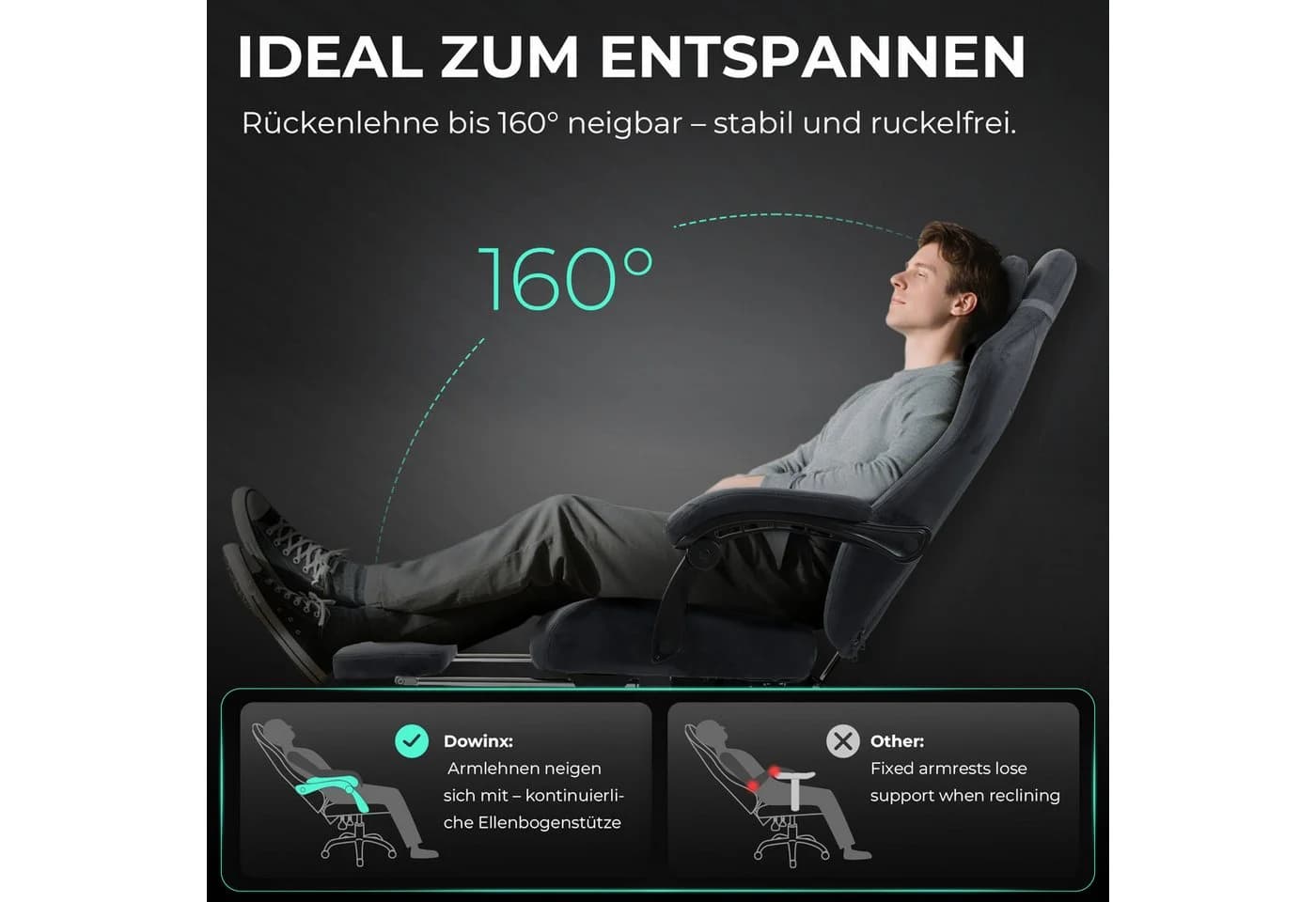 Dowinx Gaming-Stuhl Grau Mikrofaser-Velours Ergonomisch mit Massage - Bild 3