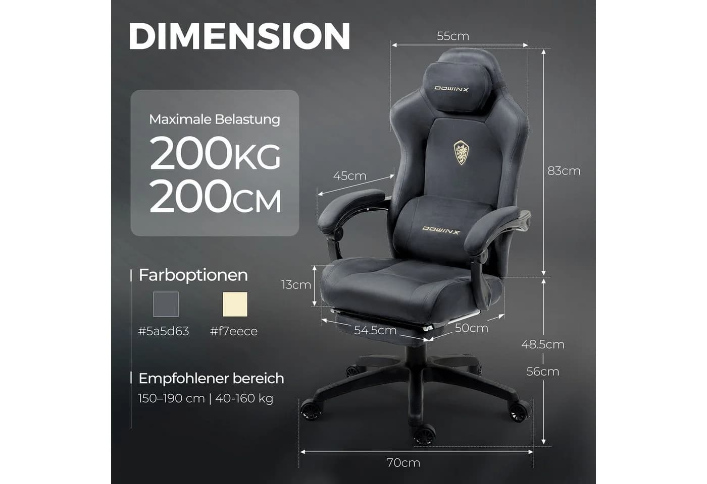 Dowinx Gaming-Stuhl Grau Mikrofaser-Velours Ergonomisch mit Massage - Bild 4