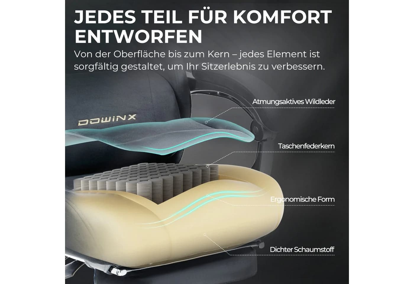 Dowinx Gaming-Stuhl Grau Mikrofaser-Velours Ergonomisch mit Massage - Bild 5