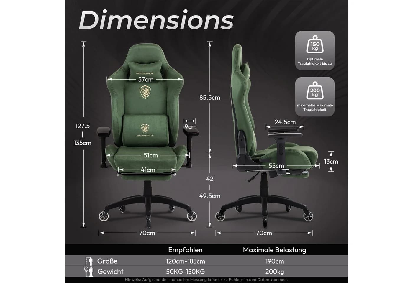 Dowinx Gaming-Stuhl Ergonomisch Mikrofaser-Velours Grün