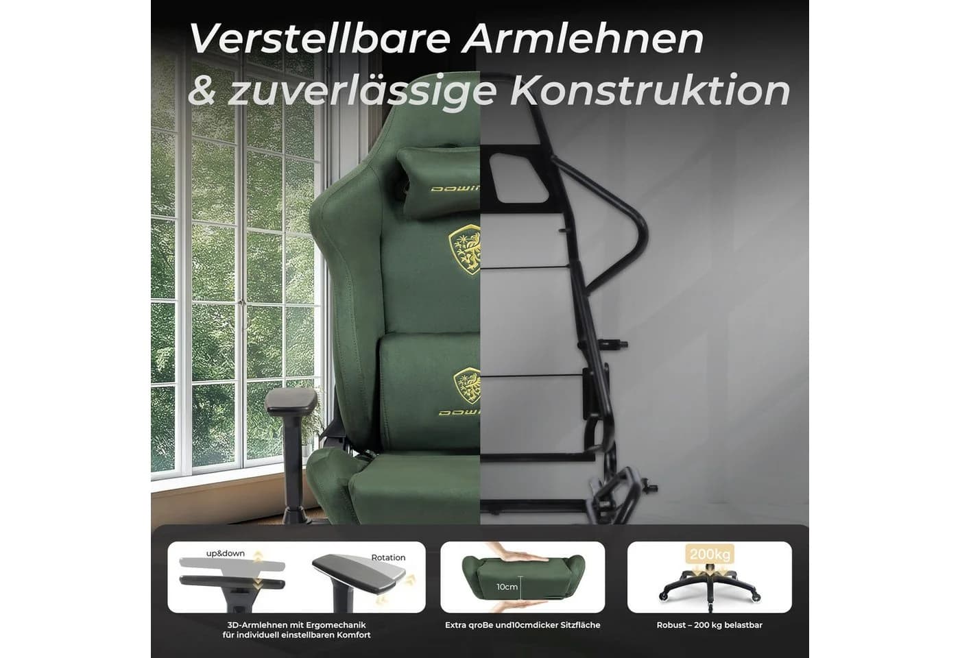 Dowinx Gaming-Stuhl Ergonomisch Mikrofaser-Velours Grün - Bild 5