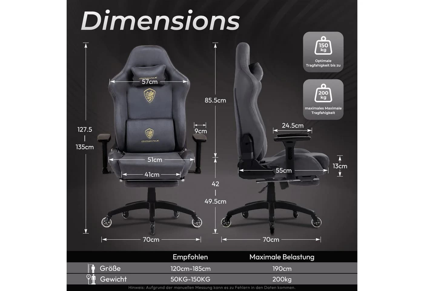 Dowinx Gaming-Stuhl Ergonomisch Mikrofaser-Velours Grau Fußstütze