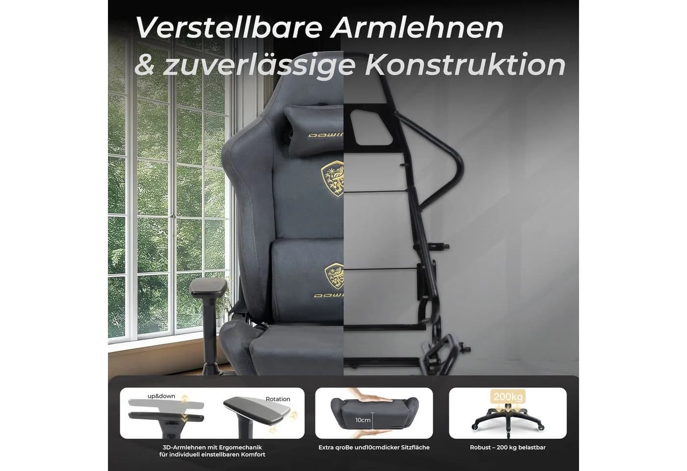 Dowinx Gaming-Stuhl Ergonomisch Mikrofaser-Velours Grau Fußstütze - Bild 5