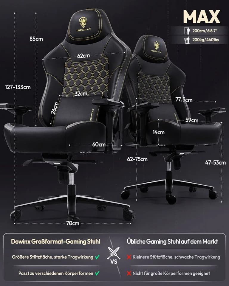 Dowinx Gaming-Stuhl Bürostuhl Schwarz 200kg Belastbarkeit 4D Armlehnen - Bild 4