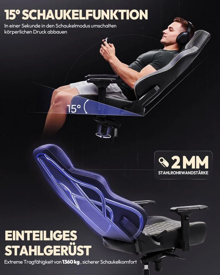 Dowinx Gaming-Stuhl Bürostuhl Schwarz 200kg Belastbarkeit 4D Armlehnen - Bild 5