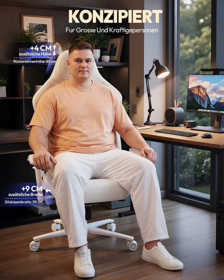 Dowinx Gaming-Stuhl Bürostuhl 200kg Belastbarkeit Weiß 4D Armlehnen - Bild 3