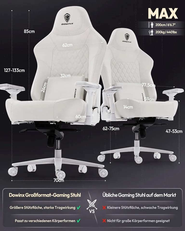 Dowinx Gaming-Stuhl Bürostuhl 200kg Belastbarkeit Weiß 4D Armlehnen - Bild 4