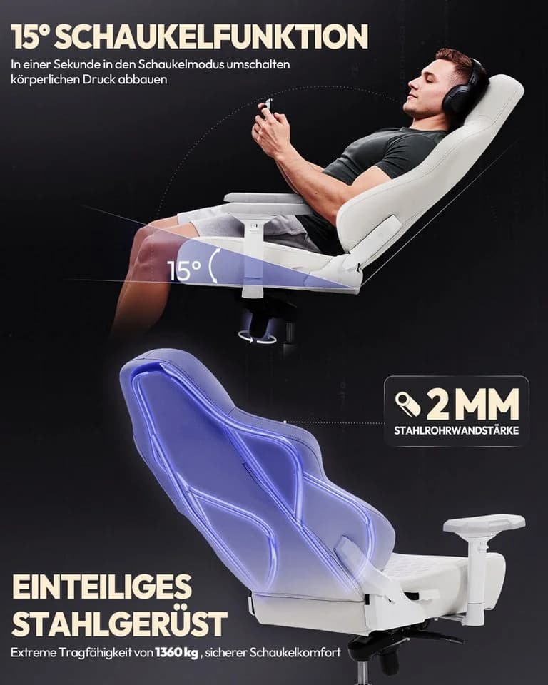 Dowinx Gaming-Stuhl Bürostuhl 200kg Belastbarkeit Weiß 4D Armlehnen - Bild 5