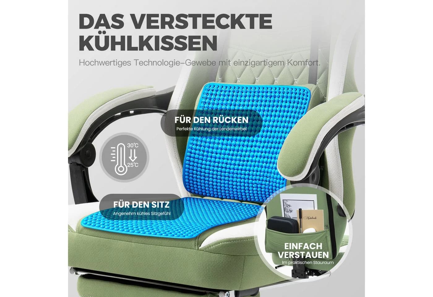 Dowinx Gaming-Stuhl Stoff Grün mit Taschenfederkissen und Fußstütze - Bild 4