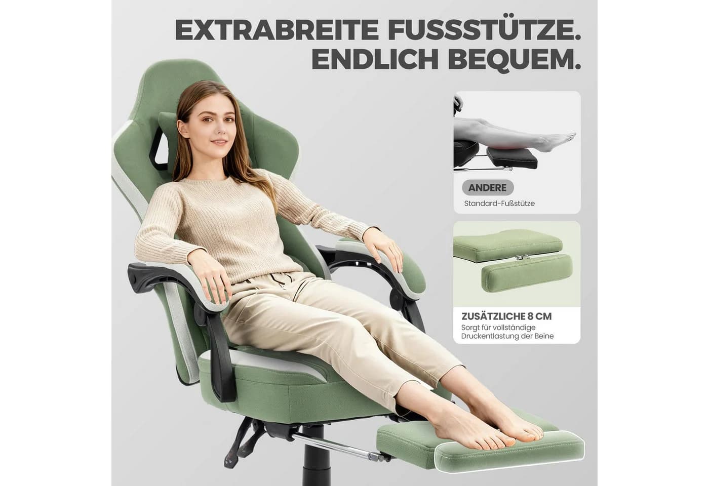 Dowinx Gaming-Stuhl Stoff Grün mit Taschenfederkissen und Fußstütze - Bild 5