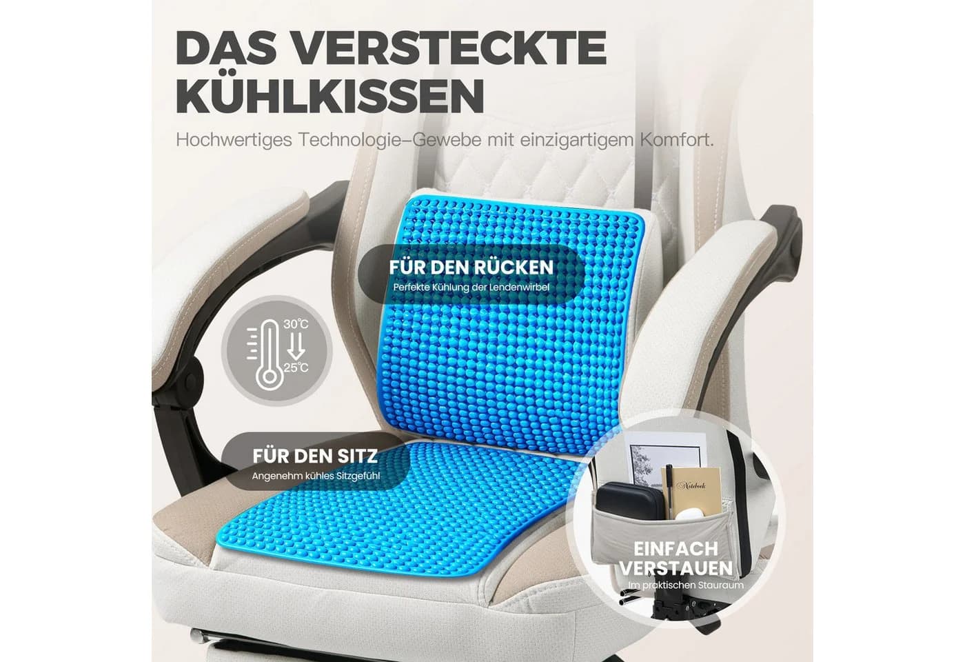 Dowinx Gaming-Stuhl Beige Stoff mit Taschenfederkissen und Fußstütze - Bild 4