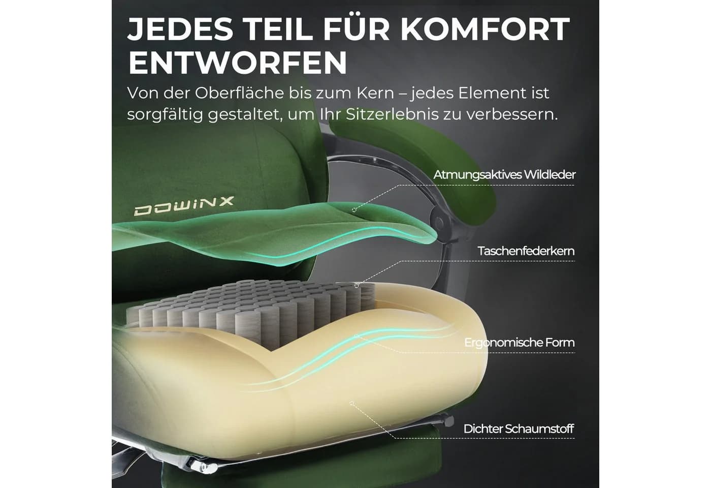 Dowinx Gaming-Stuhl Atmungsaktiver Ergonomischer Bürostuhl Mikrofaser-Velours - Bild 5