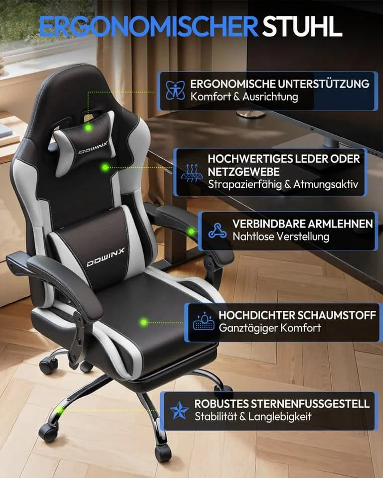 Dowinx Gaming-Stuhl Bürostuhl Massage Sessel mit höhenverstellbaren Linkage-Armlehnen - Bild 5