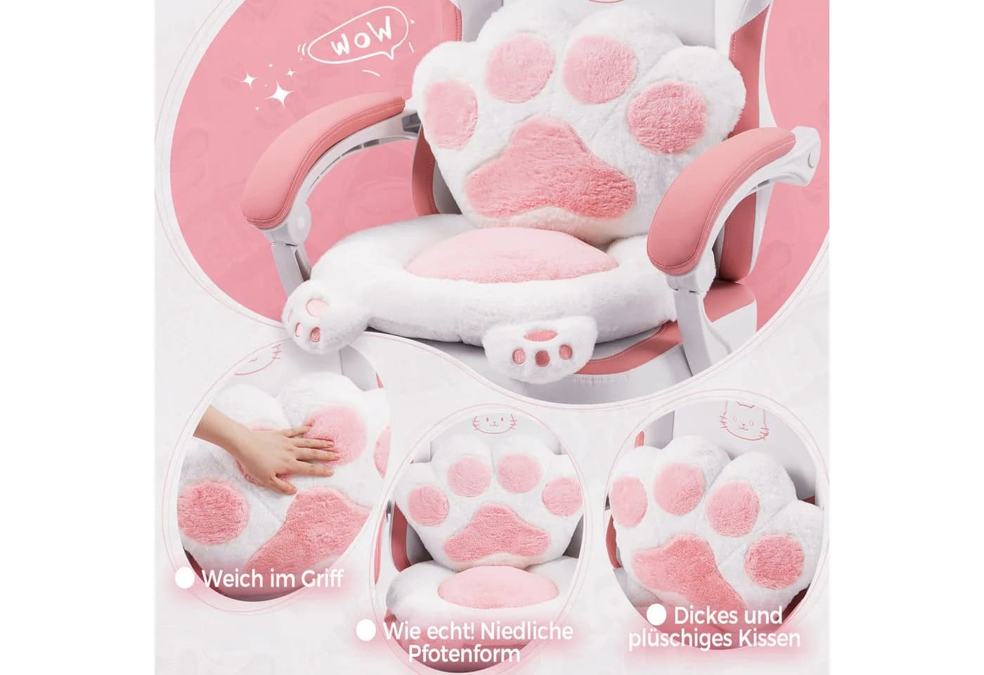 Dowinx Gaming-Stuhl Niedlich mit Katzenohren, Pfoten-Lendenkissen und Sitzkissen, Ergonomischer Computerstuhl mit Fußstütze, PC-Spiele-Stuhl für Mädchen