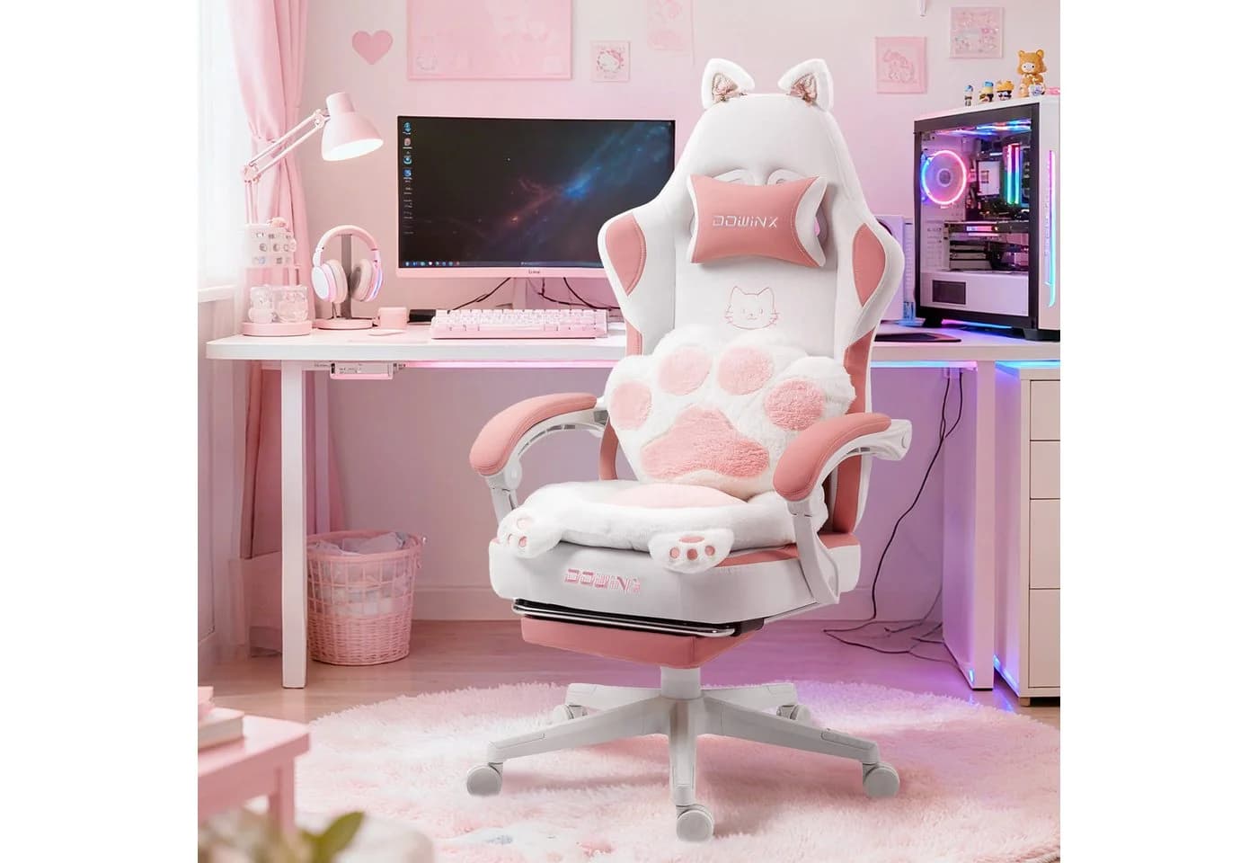 Dowinx Gaming-Stuhl Niedlich mit Katzenohren, Pfoten-Lendenkissen und Sitzkissen, Ergonomischer Computerstuhl mit Fußstütze, PC-Spiele-Stuhl für Mädchen - Bild 2