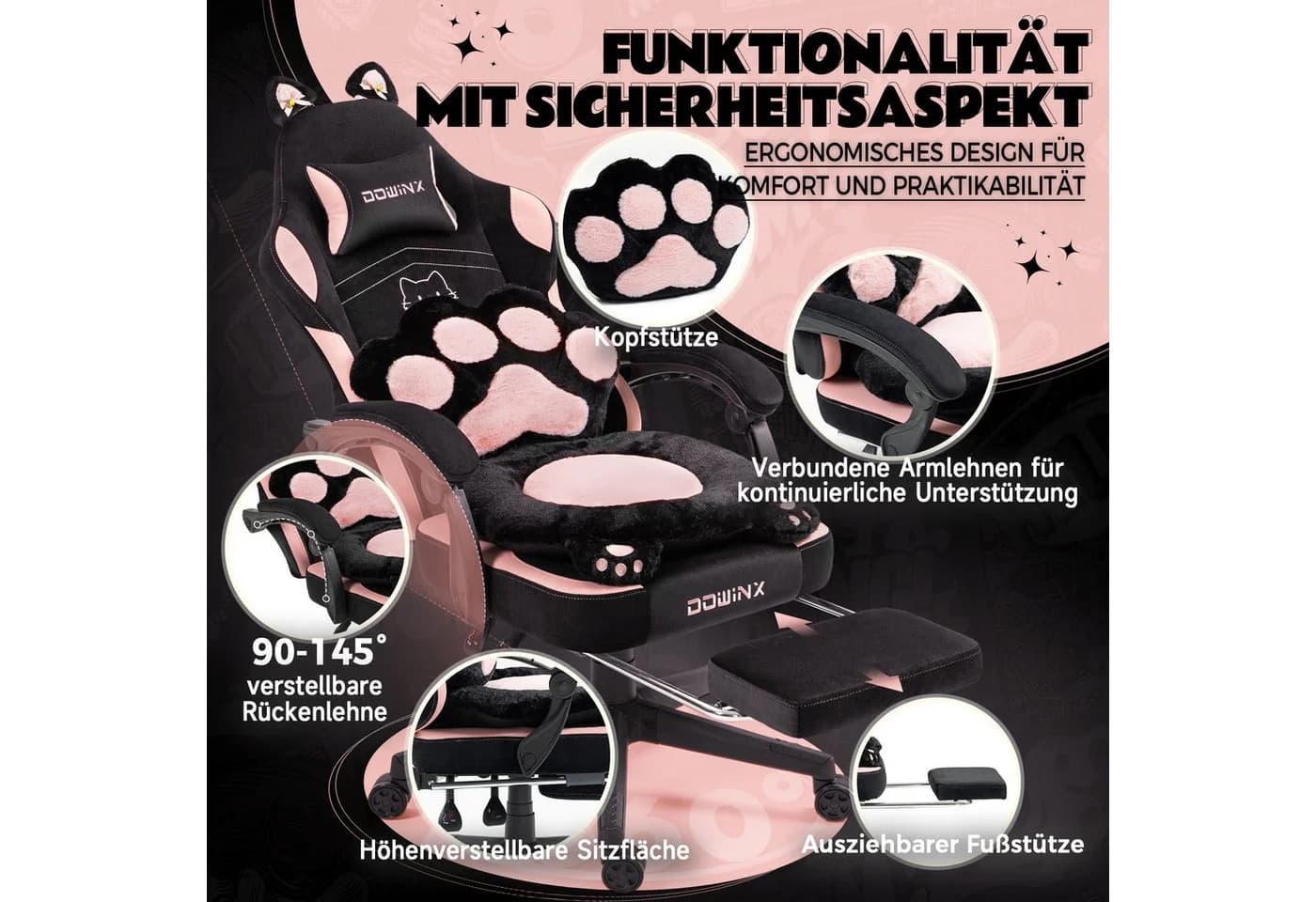Dowinx Gaming-Stuhl Niedlich mit Katzenohren, Pfoten-Lendenkissen und Sitzkissen, Ergonomischer Computerstuhl mit Fußstütze, PC-Spiele-Stuhl für Mädchen