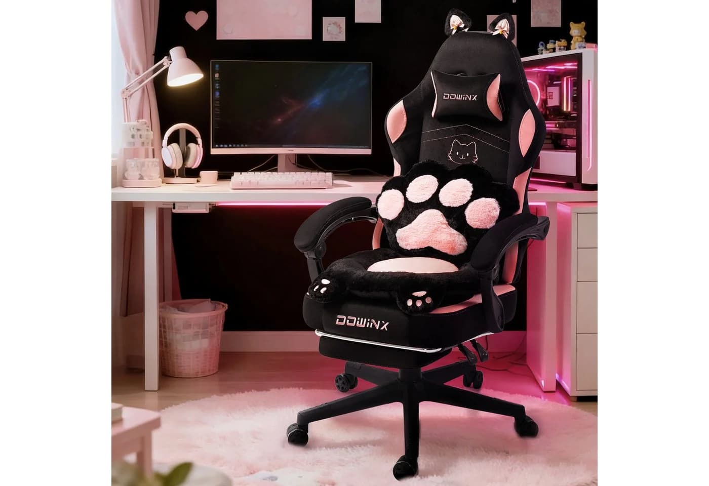 Dowinx Gaming-Stuhl Niedlich mit Katzenohren, Pfoten-Lendenkissen und Sitzkissen, Ergonomischer Computerstuhl mit Fußstütze, PC-Spiele-Stuhl für Mädchen - Bild 2