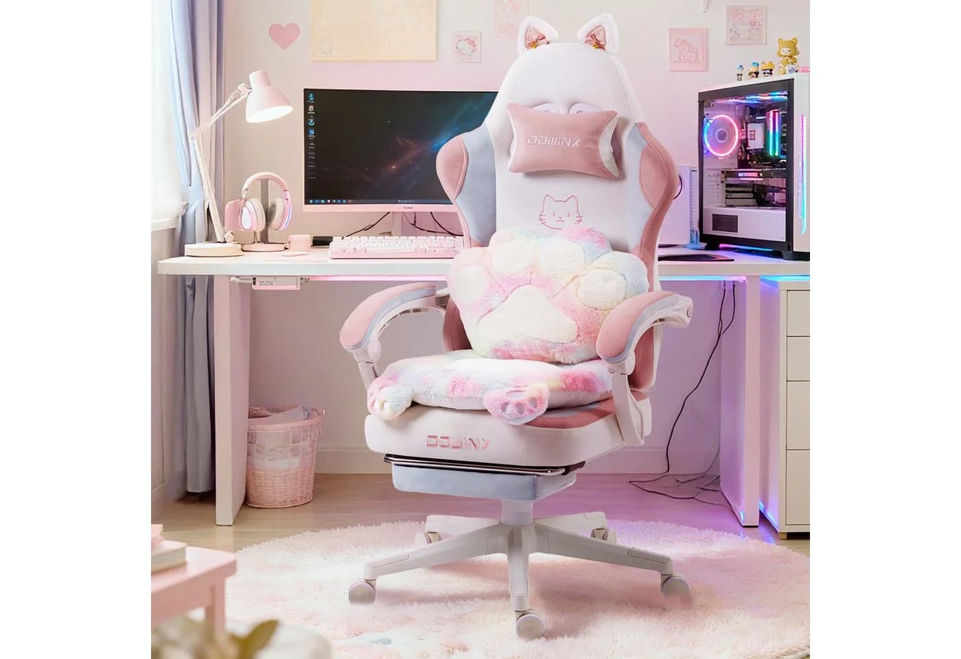 Dowinx Gaming-Stuhl Niedlich mit Katzenohren, Pfoten-Lendenkissen und Sitzkissen - Bild 2