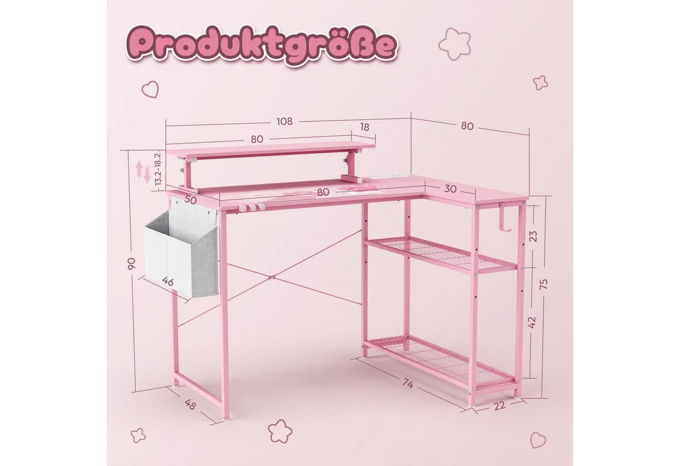 Dowinx Gaming Schreibtisch Rosa mit Katzenpfoten, Steckdose & Stauraum