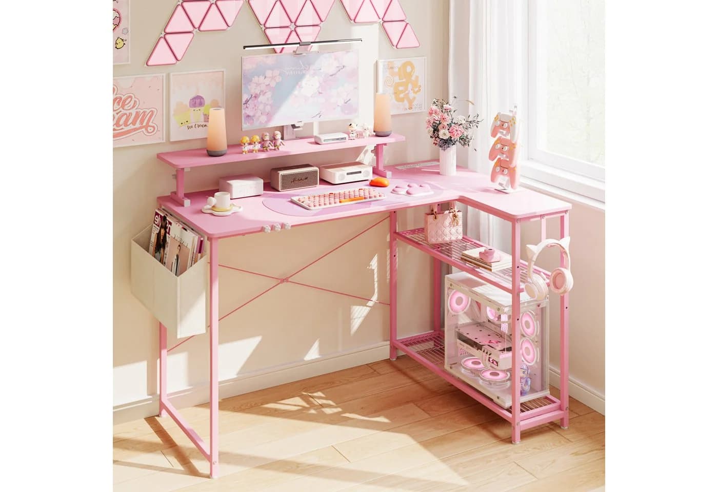 Dowinx Gaming Schreibtisch Rosa mit Katzenpfoten, Steckdose & Stauraum - Bild 2