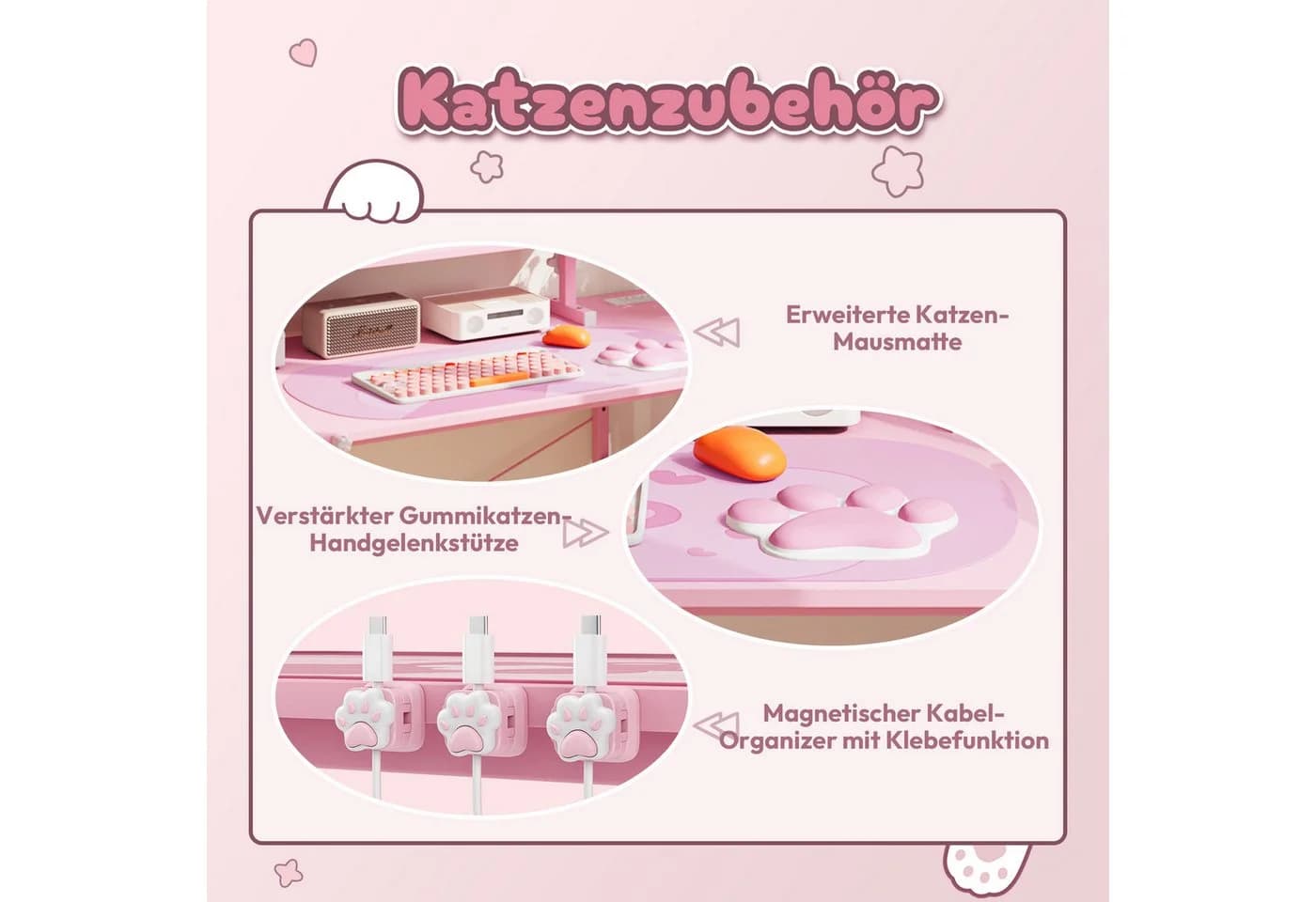 Dowinx Gaming Schreibtisch Rosa mit Katzenpfoten, Steckdose & Stauraum - Bild 3