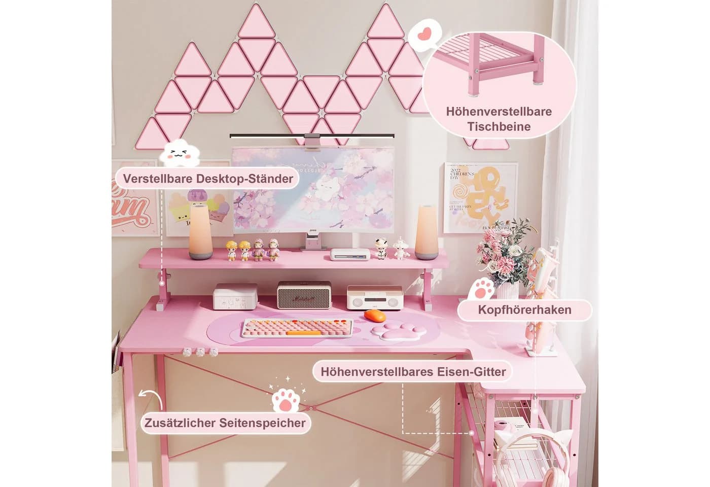 Dowinx Gaming Schreibtisch Rosa mit Katzenpfoten, Steckdose & Stauraum - Bild 5