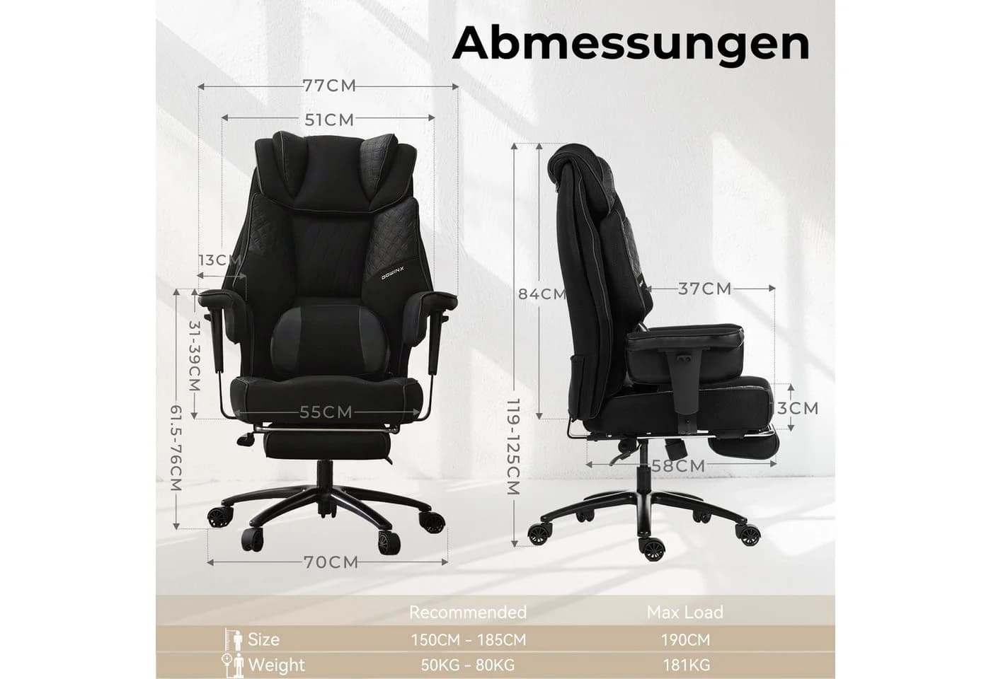 Dowinx Gaming-Stuhl Schwarz mit Massage & Mesh - Bild 3
