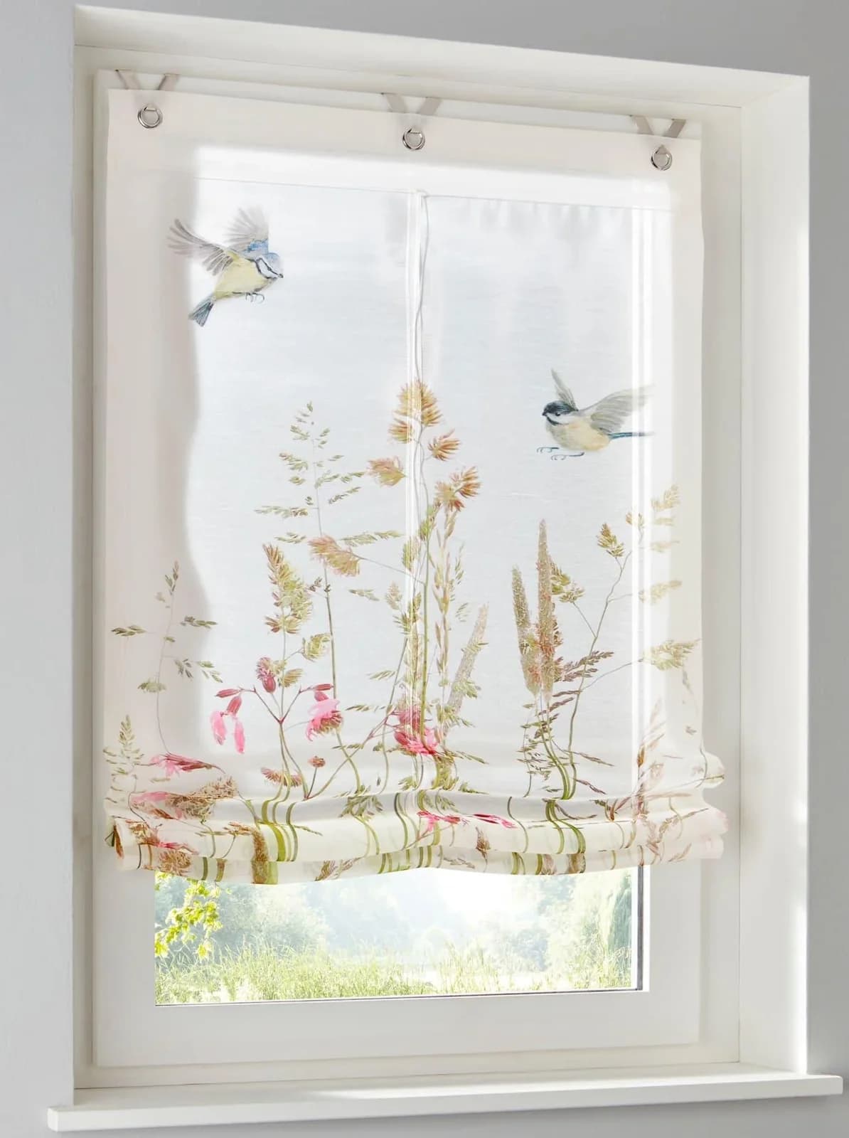 Raffrollo HEINE HOME Gr. 3 Weiß-Bunt Blumen- und Vogel-Dessin