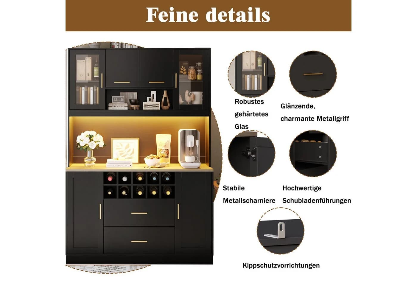 i@home Küchenbuffet Küchenhochschrank LED-Beleuchtung Steckdose Schwarz - Bild 3