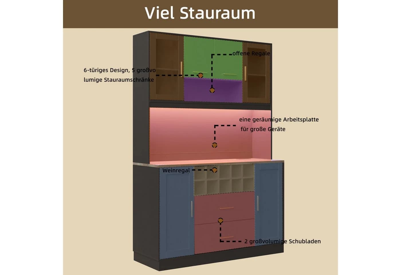 i@home Küchenbuffet Küchenhochschrank LED-Beleuchtung Steckdose Schwarz - Bild 4