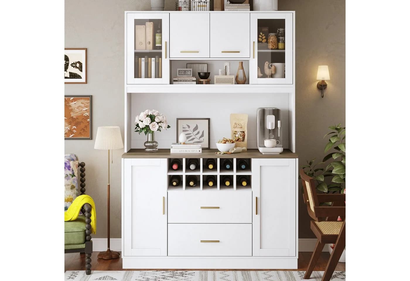 i@home Küchenbuffet Küchenhochschrank mit LED-Beleuchtung & Steckdose 6 Türen + 2 Schubladen + Weinregal - Bild 2