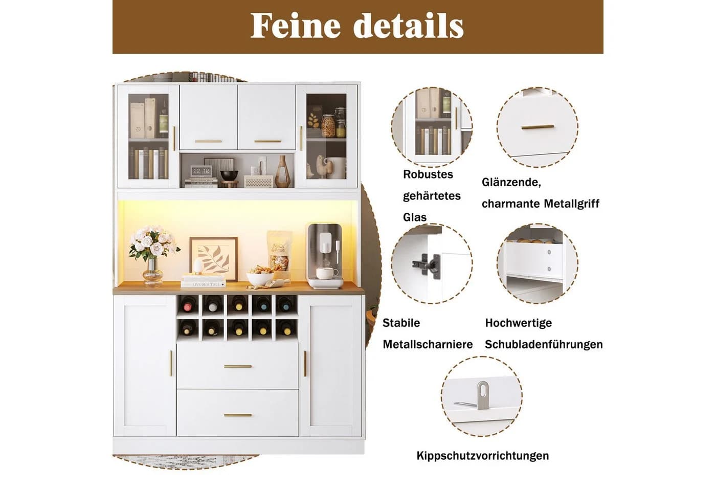 i@home Küchenbuffet Küchenhochschrank mit LED-Beleuchtung & Steckdose 6 Türen + 2 Schubladen + Weinregal - Bild 3