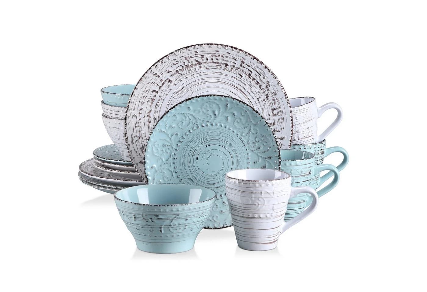vancasso Geschirr-Set 16-tlg. Steingut Beige Blau Reliefmuster - Bild 2