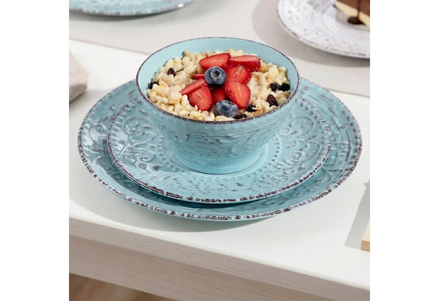 vancasso Geschirr-Set 16-tlg. Steingut Beige Blau Reliefmuster - Bild 4