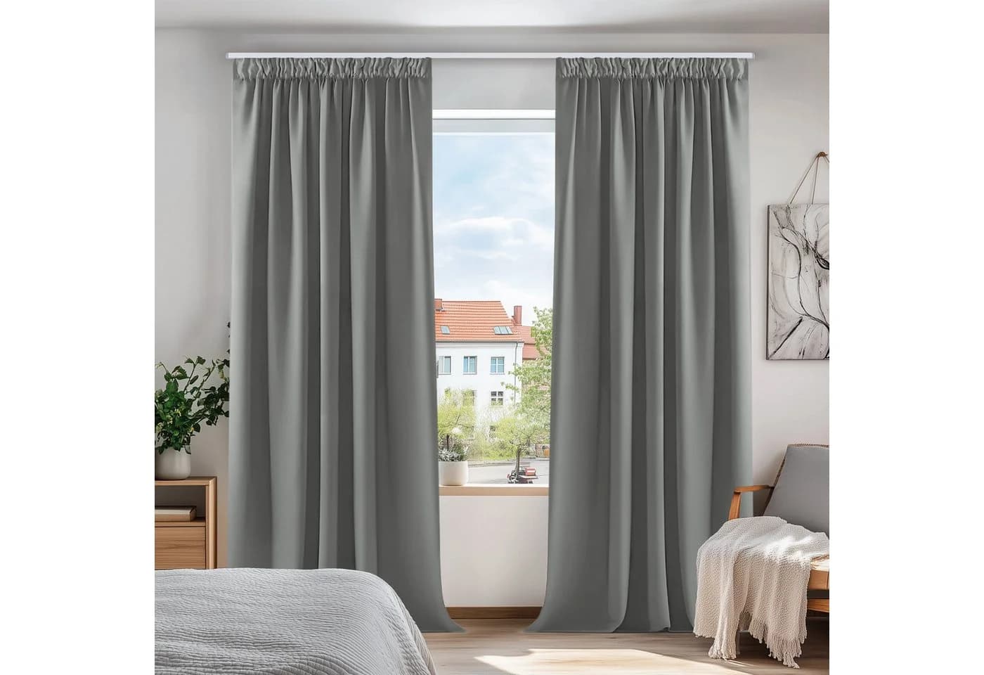 Deconovo Verdunkelungsvorhang 2er Set Grau Kräuselband Blickdicht