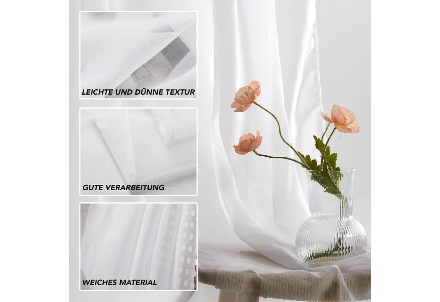 Deconovo Voile Vorhang 2er Set Weiß Transparent mit Ösen - Bild 5