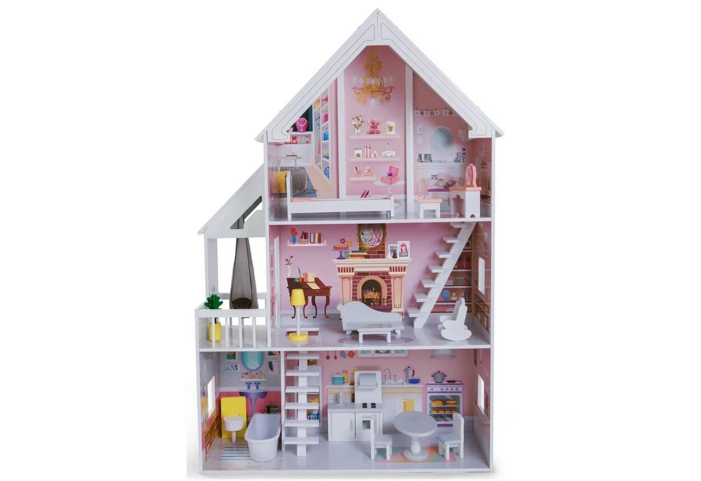 TikTakToo Puppenhaus Traum Villa Set aus Holz, 16-tlg. mit 15-teiliges Möbel- und Zubehör-Set