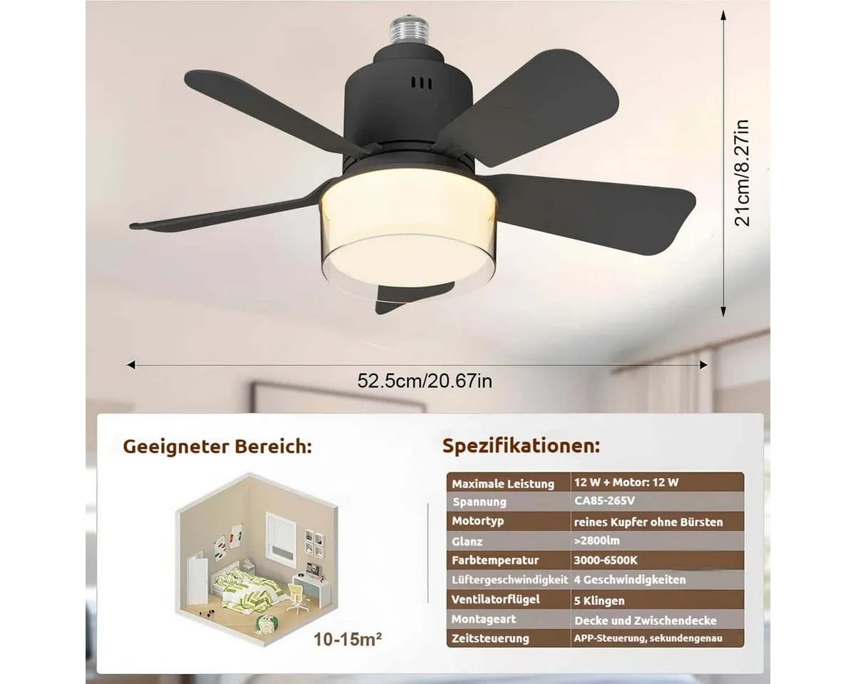 VIVIHEYDAY Deckenventilator mit LED Licht Schwarz Fernbedienung