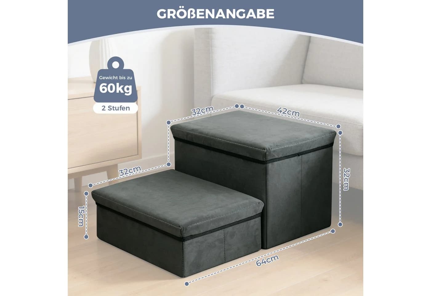 QUBEBU Haustiertreppe Grau 2-stufig Faltbar bis 60 kg