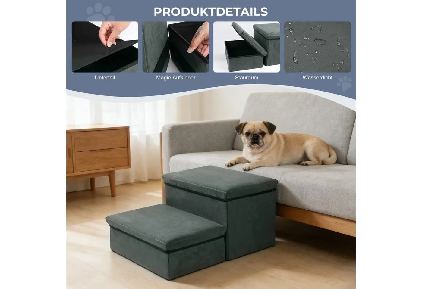 QUBEBU Haustiertreppe Grau 2-stufig Faltbar bis 60 kg - Bild 5