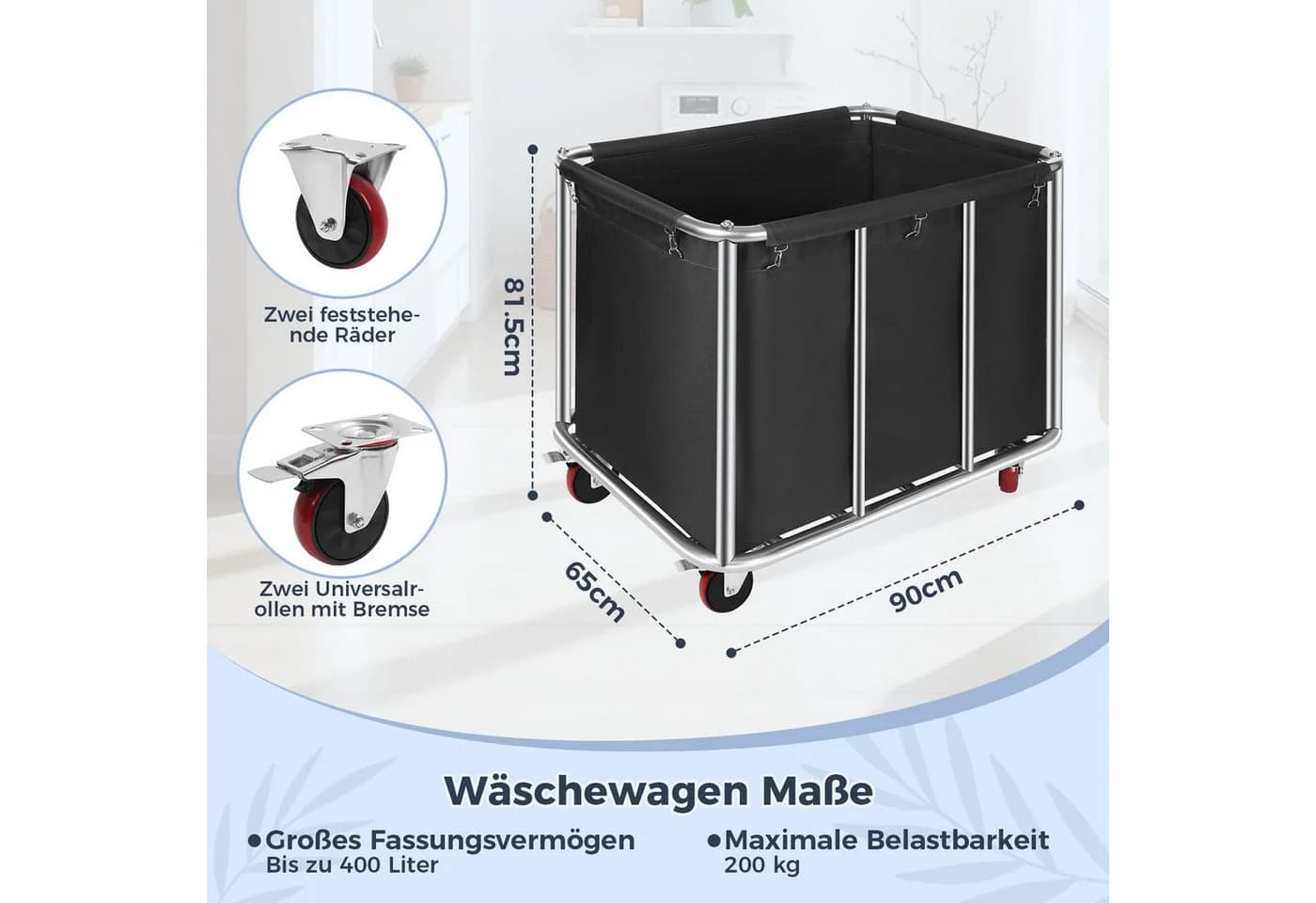QUBEBU Wäschewagen Groß Edelstahl 400L Schwarz mit Rollen - Bild 3