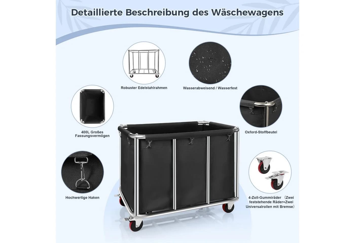 QUBEBU Wäschewagen Groß Edelstahl 400L Schwarz mit Rollen - Bild 4