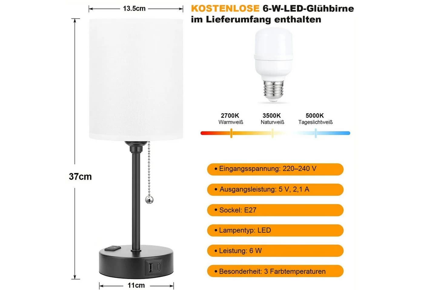 Lapalife Nachttischlampe mit USB-Anschluss und 3 Farbtemperaturen - Bild 3