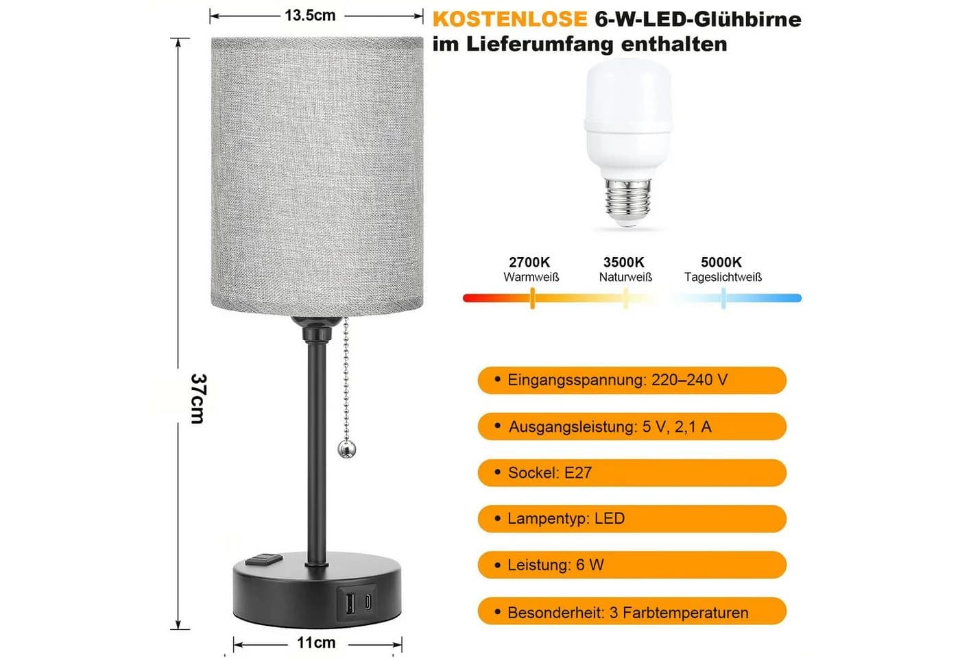 Lapalife Nachttischlampe mit USB-C & 3 Farbtemperaturen Grau/Weiß