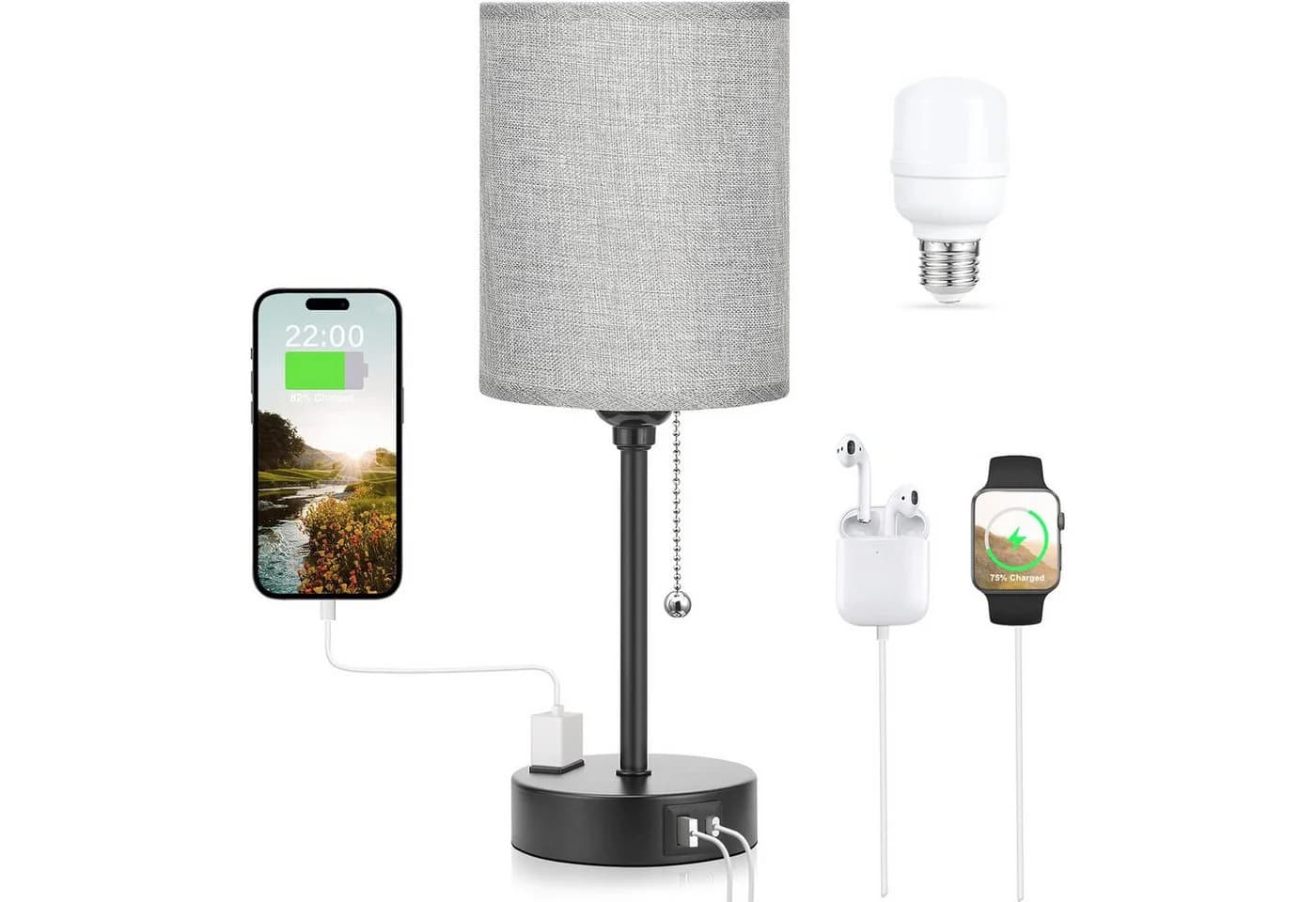 Lapalife Nachttischlampe mit USB-C & 3 Farbtemperaturen Grau/Weiß - Bild 2