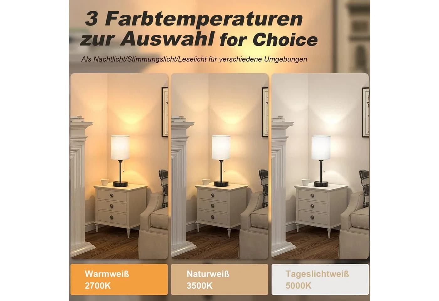Lapalife Nachttischlampe mit USB-C & 3 Farbtemperaturen Grau/Weiß - Bild 4