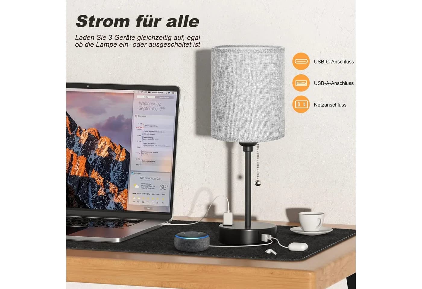 Lapalife Nachttischlampe mit USB-C & 3 Farbtemperaturen Grau/Weiß - Bild 5