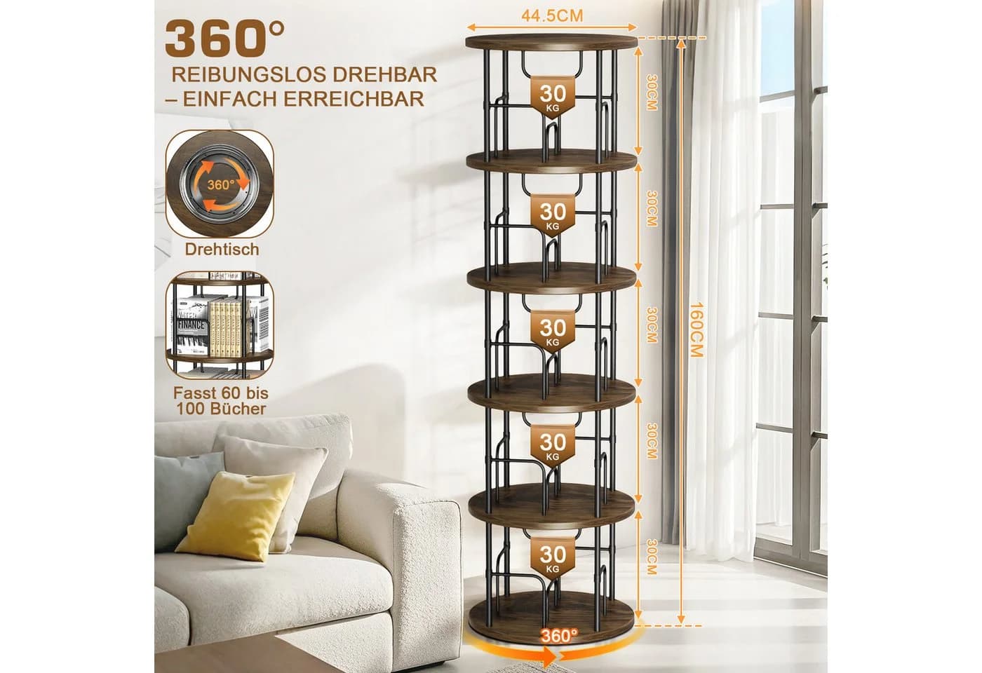 XERSEK Bücherregal 360° Drehbar 5 Ebenen Braun Holzmaserung